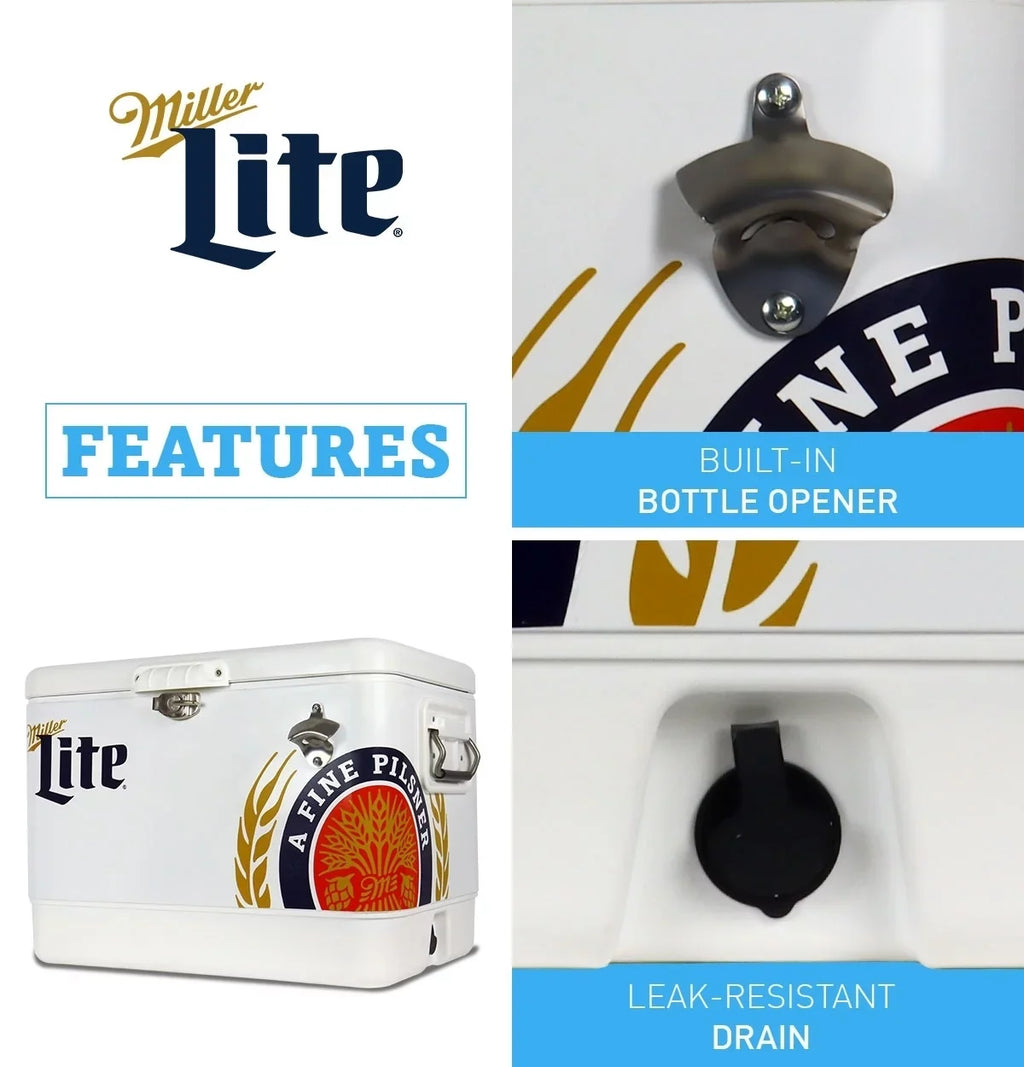 Tailgating, BBQs, RV, and steel-belted Lite Cooler Miller Can with Portable Camping, 51L (54 Cooler, 85 Blue, Beach, White Bottle Chest Opener, Fishing Beverage QT), Ice for