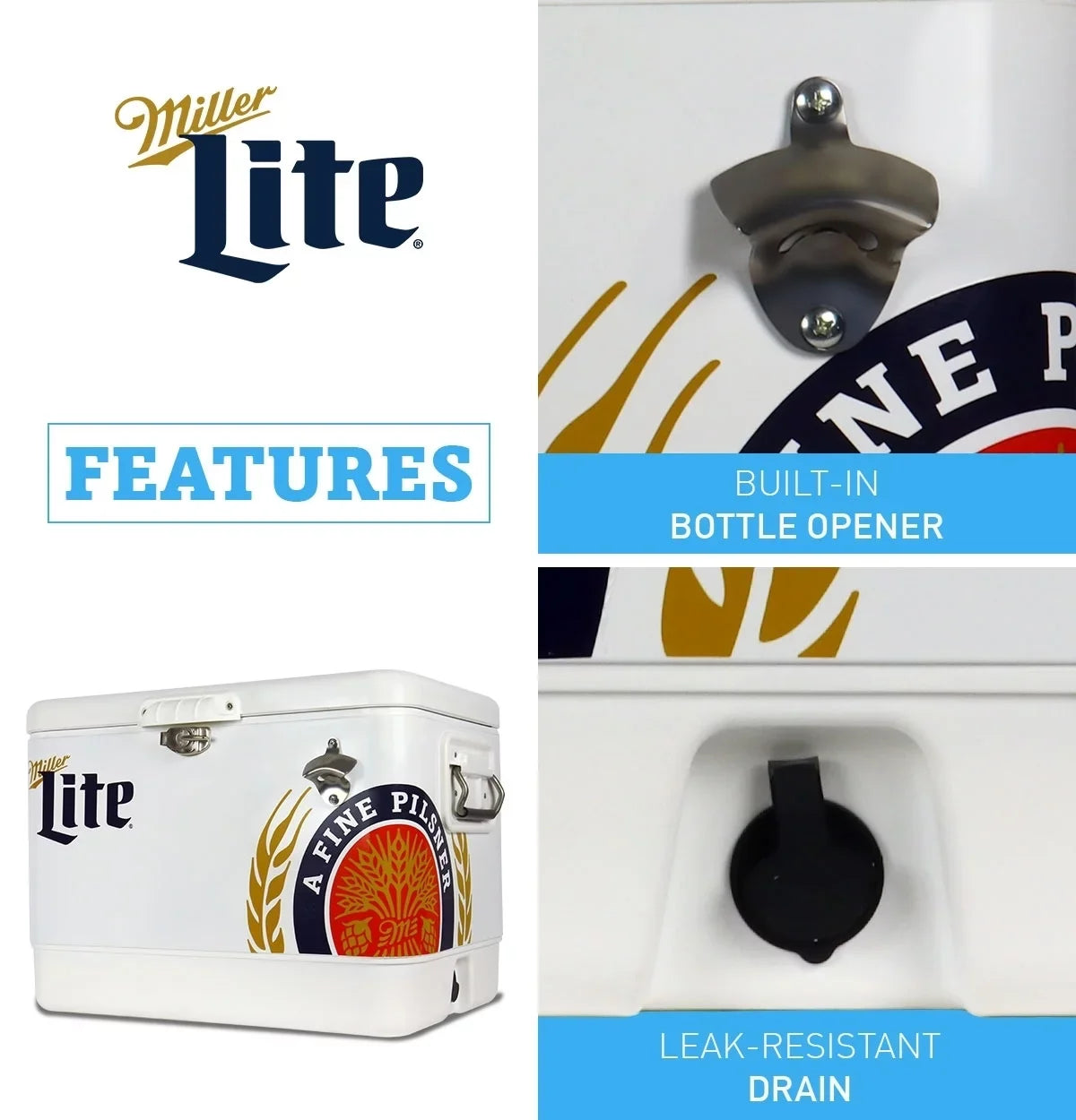 Tailgating, BBQs, RV, and steel-belted Lite Cooler Miller Can with Portable Camping, 51L (54 Cooler, 85 Blue, Beach, White Bottle Chest Opener, Fishing Beverage QT), Ice for