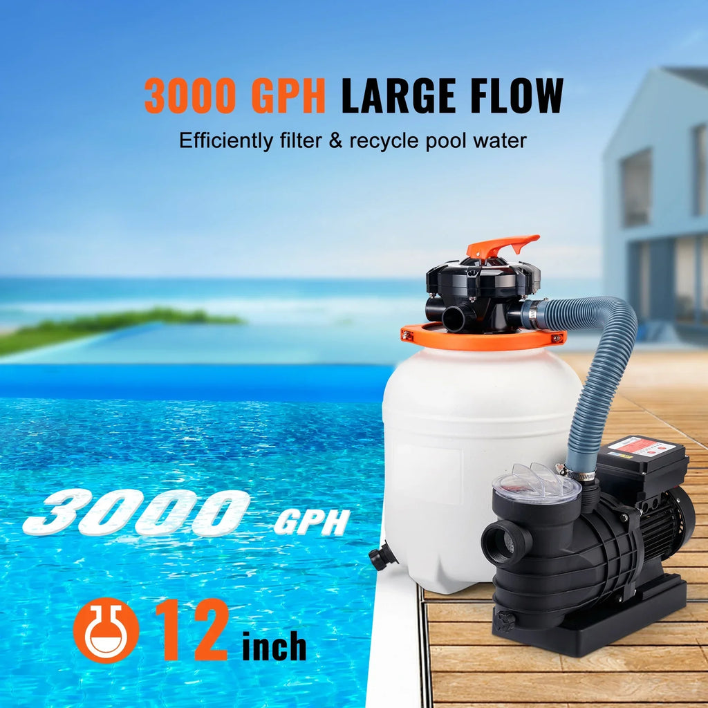 12" 1/2HP Flow Swimming Pool Valve Filter 3000GPH Ground with Pump 6-Way Sand SKYSHALO Above
