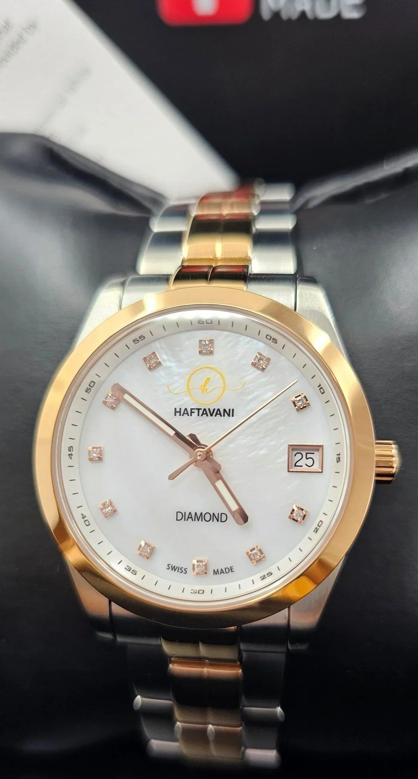 Swiss Lady Haftavani Quartz Steel Face Watch Stainless - Queen With Made Diamonds Diamond Gold Marble -100M Silver-Rose - Genuine Moistureproof Bicolour –