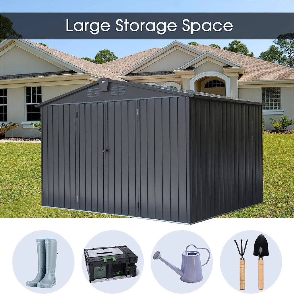 Can, exterior Shed for Homiyad (10X8ft, Tools, Garden Black) with exterior 8', for Bike, Door Lawn Steel Trash 10'X Metal Galvanized Storage Storage Backyard, Cabinet Shed Lockable Patio,