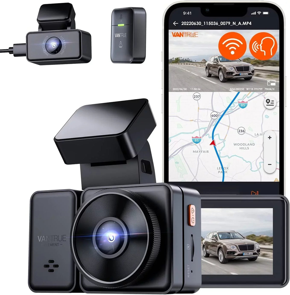 Car Camera, with Rear 2.5K WiFi, Support Motion GPS 1944P+1944P Cam E2 Voice Detection, Control, Vision, Front Parking Dual Vantrue & and Buffered 5G Capacitor, Dash Enhanced 24hrs Night 512GB Mode,