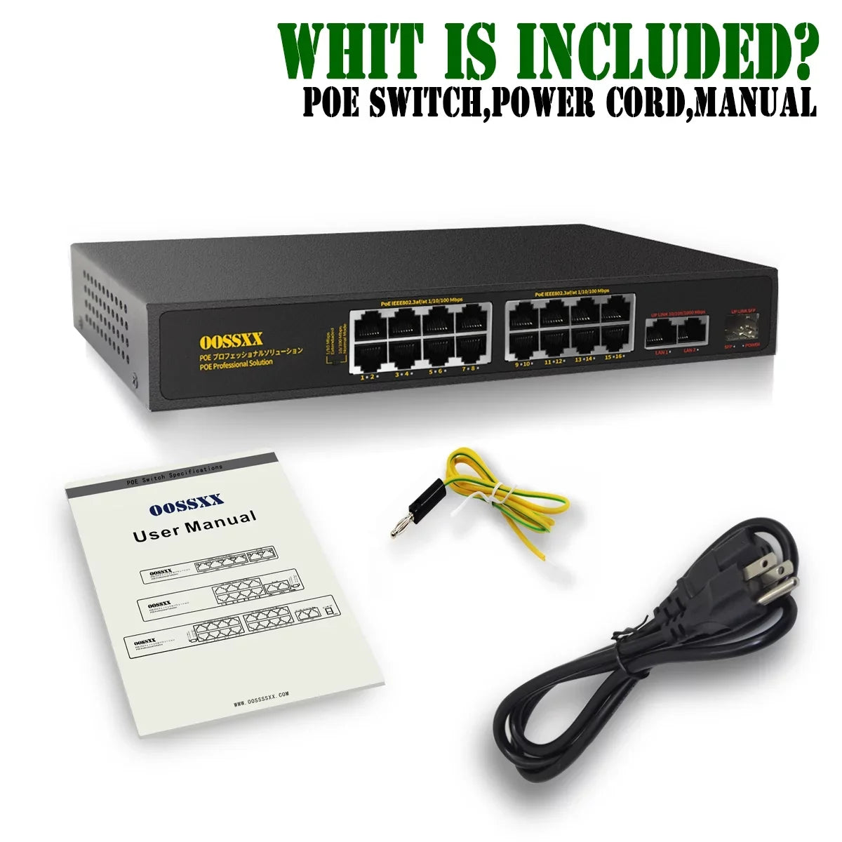 exterior Powered Networking Unmanaged Internet POE Switches Up-link/1 Fiber Computer SFP) Hub PoE+/2 Ethernet Network Gig Port Switch, Router, Extender Port Passthrough Power 16 (16