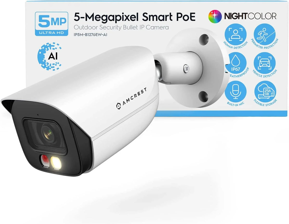 PoE & AI IP5M-B1276EW-AI Color Vision, exterior, FOV, Amcrest 49ft Built-in Camera Human IP Night w/ Security 5MP@20fps Bullet Camera Vehicle IP 129° Microphone, Detection,
