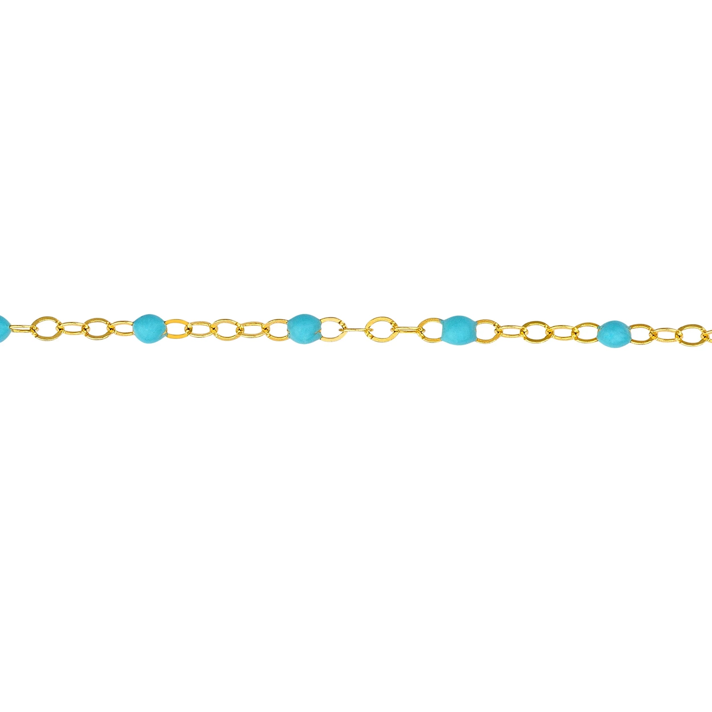 Turquoise Bead 14K Women's Gold Piatto Light Enamel Bracelet Adjustable Yellow 5.50"-7.50"