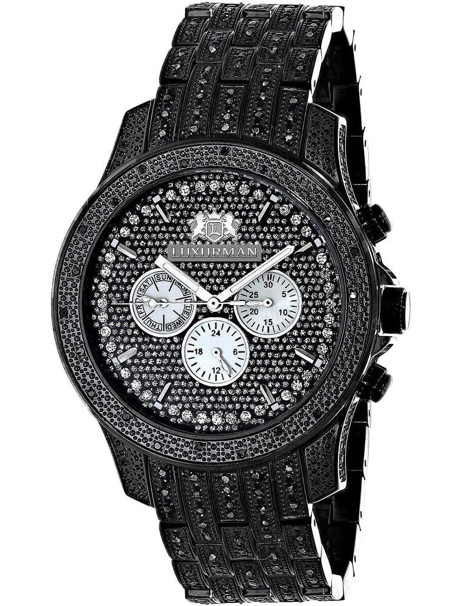 Men's Leather Quartz Watch Stainless Metal Diamond Steel plus Strap Accent Extra Band Black