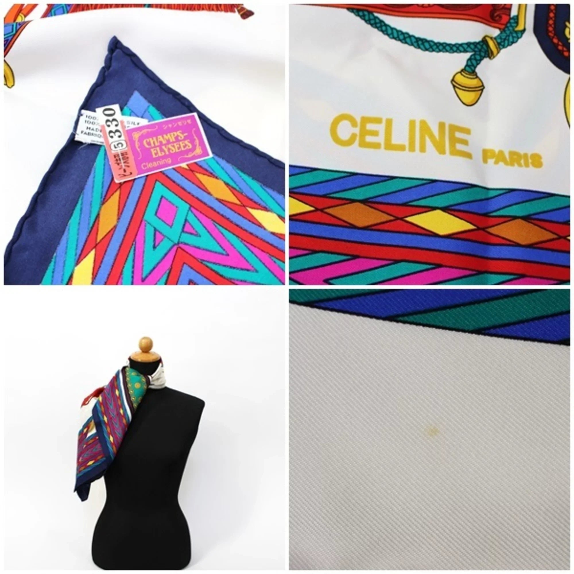 Scarf (Good) Navy Celine x Pre-Owned Silk | Muffler White Ladies