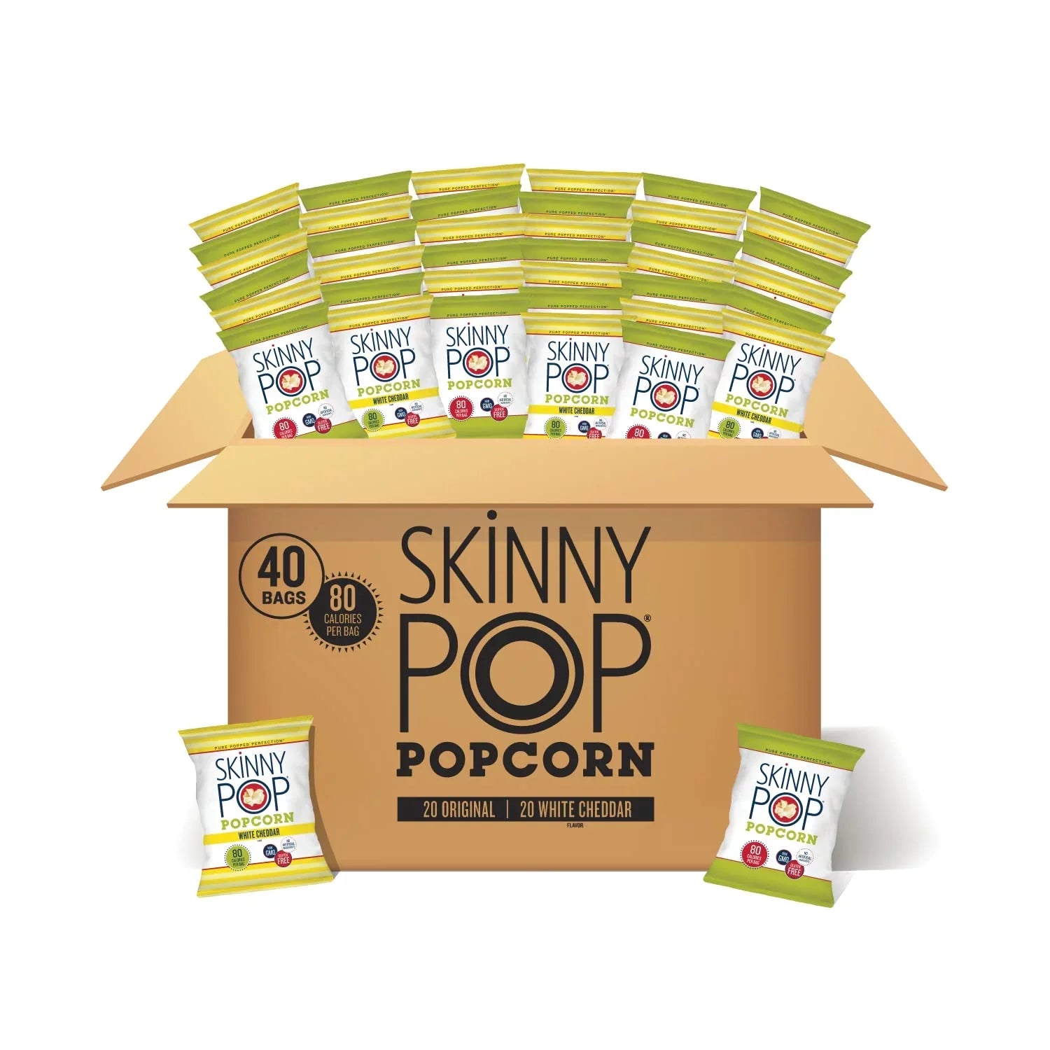 SkinnyPop Pack, Popcorn Variety Original Cheddar 0.5 Count 40 oz, Gluten-Free White and