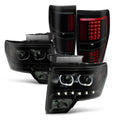 F150 For C-Shape Projector Tail 2009-2014 Headlight Black Dual Strip Halo - Smoke + Ford Lamp