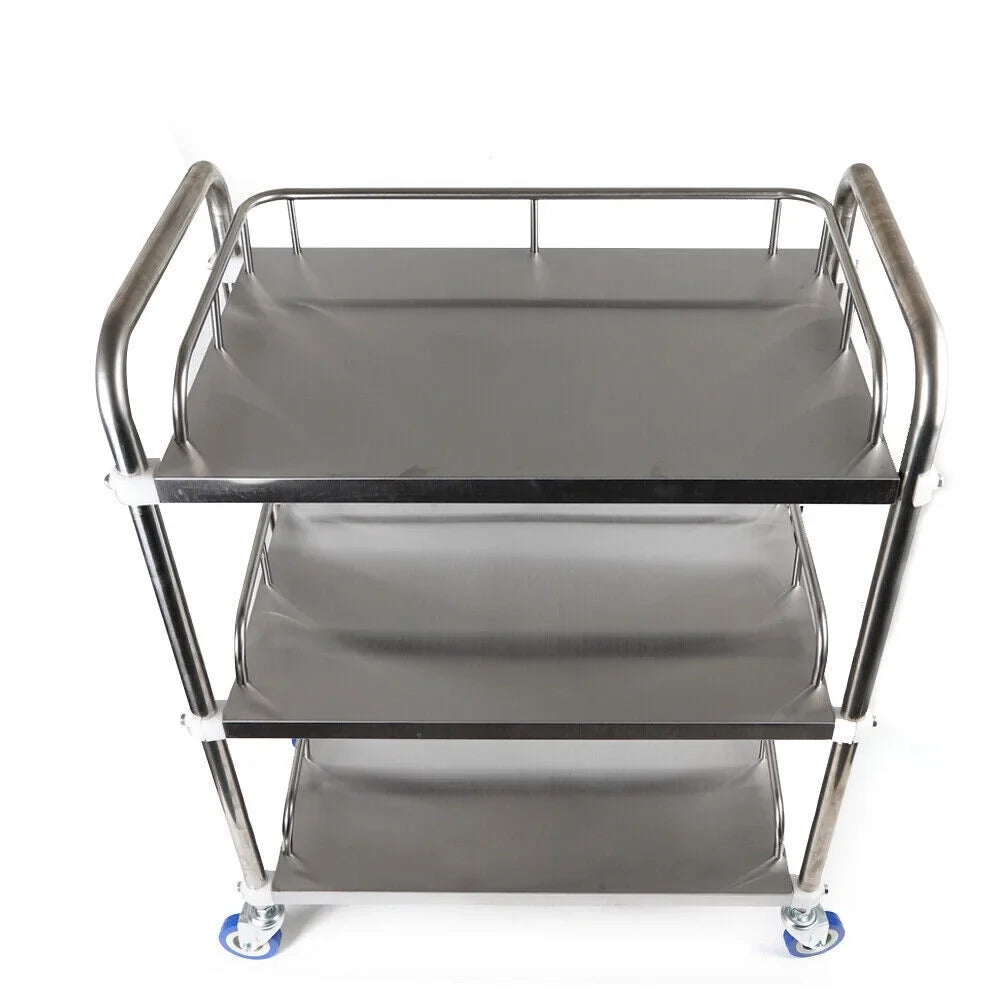 Home Trolley Layers Serving Shelves for Hotel Rolling Cart Locking Household Mobile Lab Use Steel Shelf Utility with 3 Cart Restaurant Storage Cart Multifunction Silent Silver Stainless Wheels