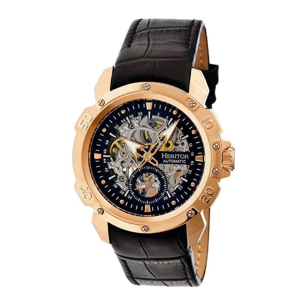 Gold-tone Carter Watch Men's Black HR2506 Leather Case Black Heritor Stainless Rose Dial Steel Skeleton