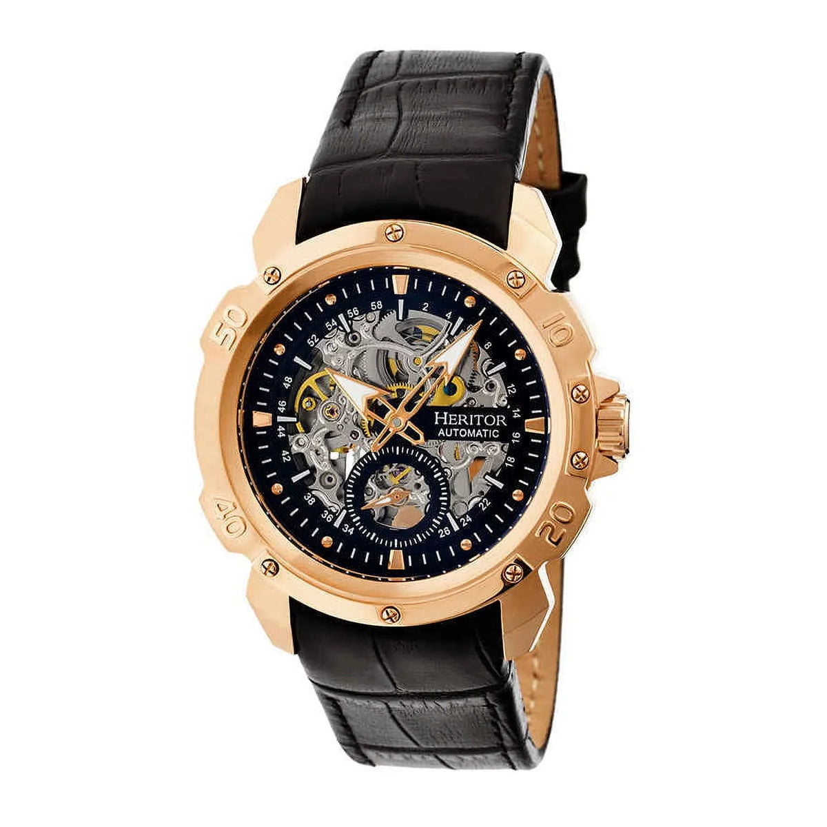 Gold-tone Carter Watch Men's Black HR2506 Leather Case Black Heritor Stainless Rose Dial Steel Skeleton