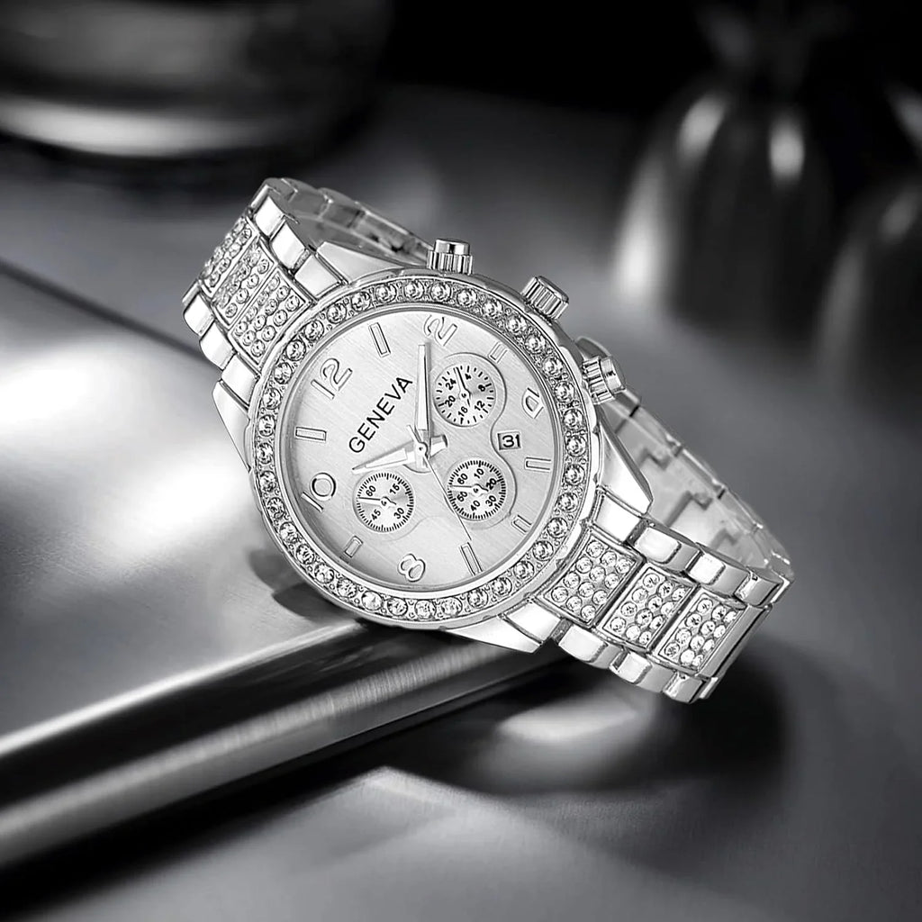 Link Luminous FANMIS Bracelet Analog Watch Calendar with Diamonds Stainless Crystal Quartz Unisex Steel Pointer Pave Luxury Floating