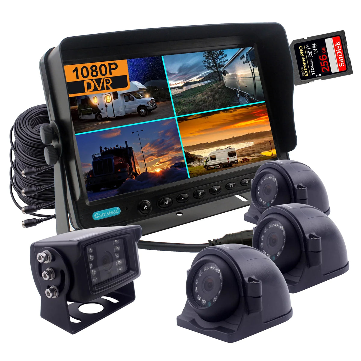 Channel Rear Input, Camera, CAMSLEAD View 1x RV Camera, HD Heavy Quad Camera Recorder, System, Backup digital 1080P monitor 3X 9 Screen, Waterproof, Side for View inch Trailer HD Split 4 Duty DVR