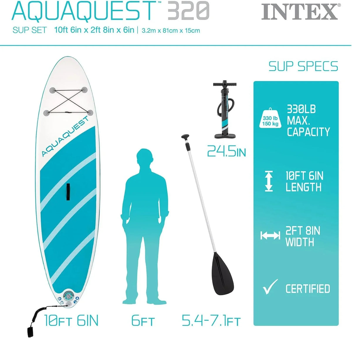Inflatable Box Paddle TEAL AquaQuest 320 Open - Board Series INTEX
