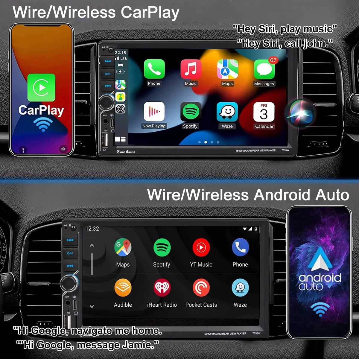 USB,7" FM Voice Din Radio Wireless Camera,Bluetooth Auto,Type-C Receiver Stereo,Compatible CarPlay/Android DSP Double Link,Backup Car with Mic Audio Touchscreen,Mirror Control,External Alondy AUX SD