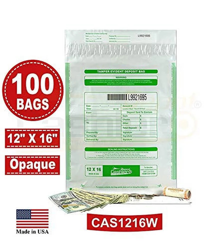 Cashier x & Depot Deposit Tape Bags) Seal Void Press (100 12" Evident Closure 16" Barcode, Bags, Tamper Numbering, Serialized White,