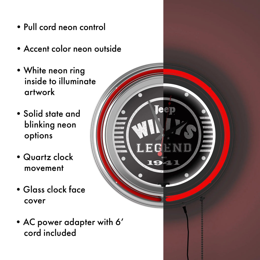 with Cave Double Analog Accessories (Red) Wall Black or Clock-Jeep Rung Legend Man Willys Garage, Chain-Pub, Clock Pull Neon