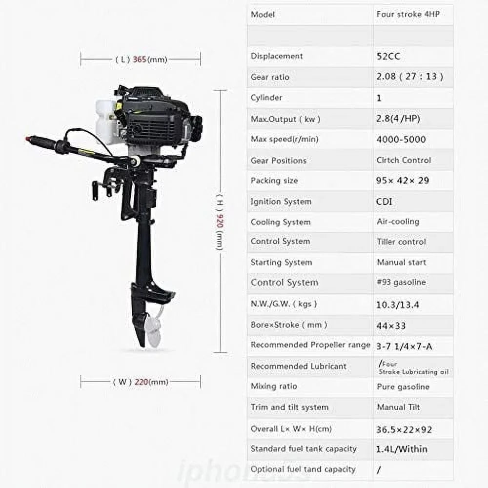 Inflatable Heavy Shaft Motor Vessel Shaft System Duty Propeller Air Cooling Trolling Miumaeov 3.6HP Control Outboard Tiller Fishing 2 Engine Stroke