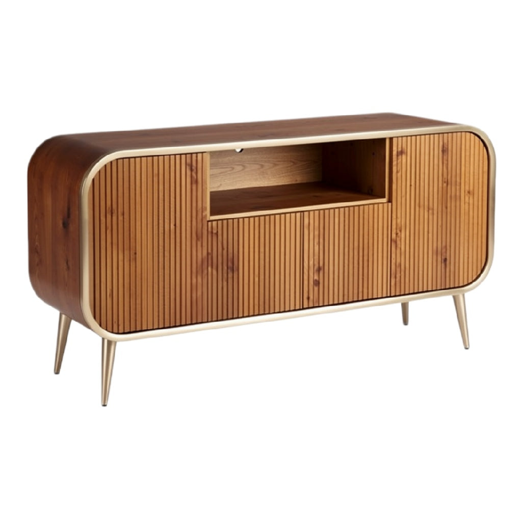 Moderne houten TV-kast met elegante gouden poten en gestreepte frontpanelen
