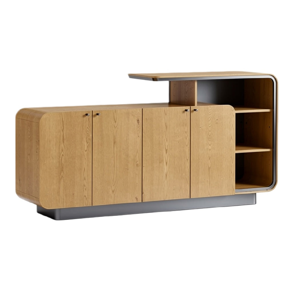 Eenvoudige moderne houten dressoir met open vakken en afgeronde hoeken