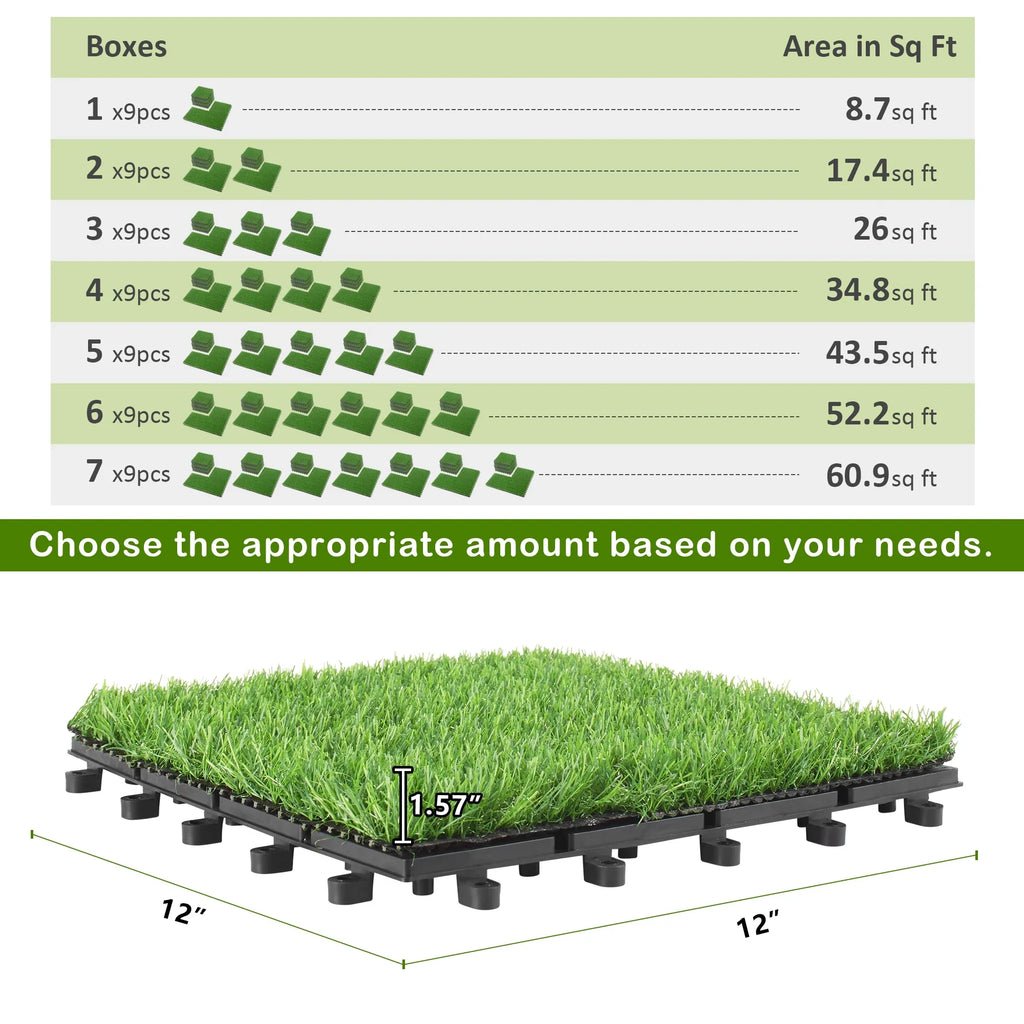 Turf BuxWellBang 12'' Interlocking Grass x Tile x Artificial 9pcs 12'' Flooring 2'' Tile,