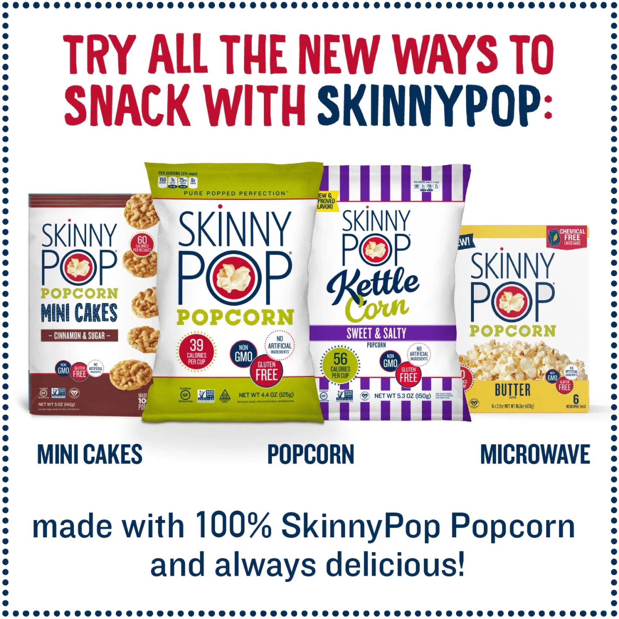 SkinnyPop Pack, Popcorn Variety Original Cheddar 0.5 Count 40 oz, Gluten-Free White and