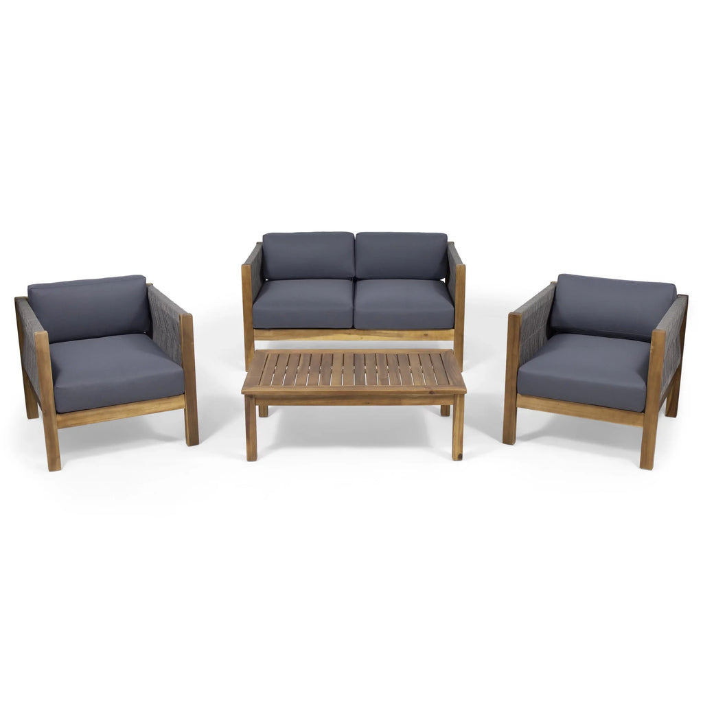 Outdoor Wood Acacia Rope Charlotte with Studio and 4 and Chat Seater Cushions, Set Teak Gray