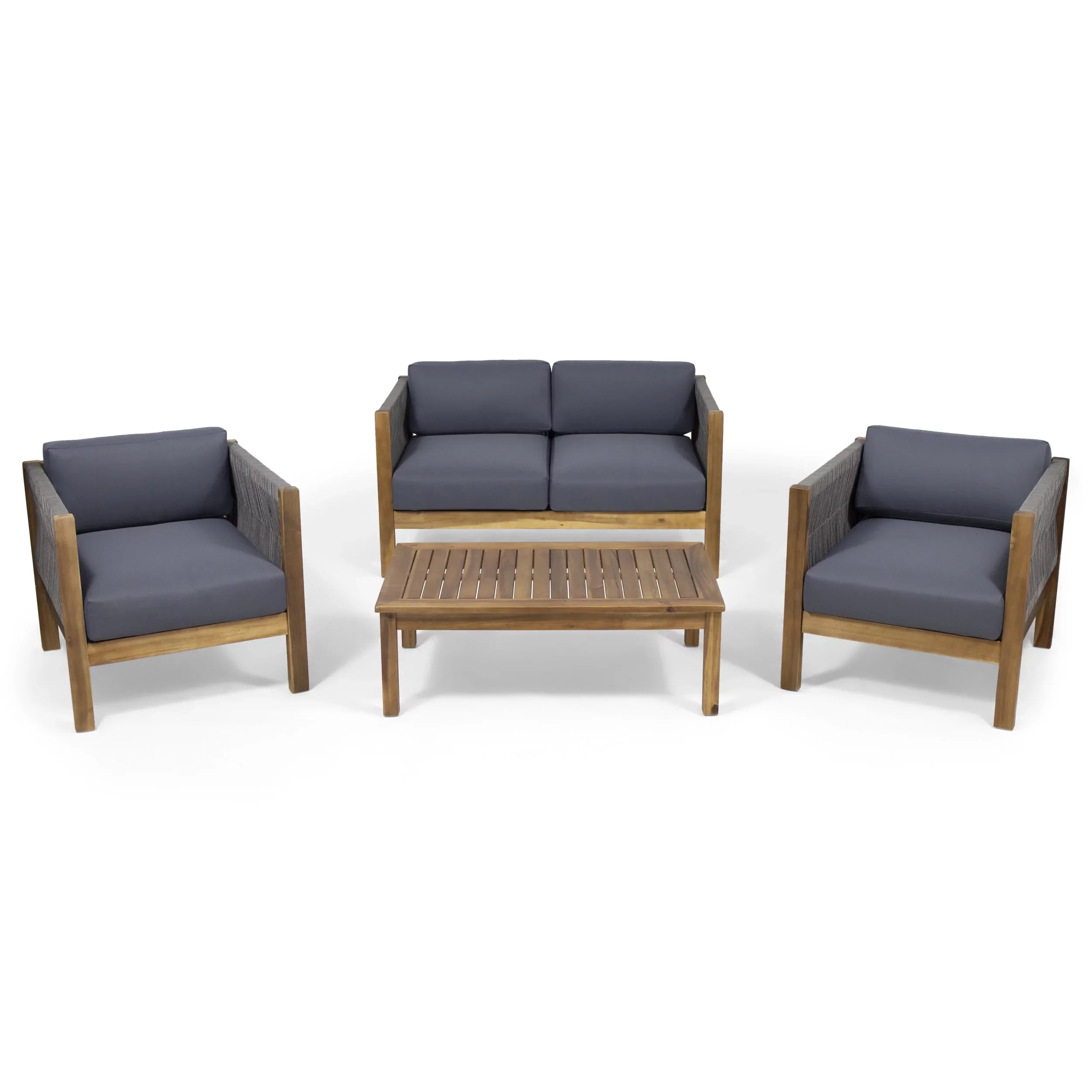Outdoor Wood Acacia Rope Charlotte with Studio and 4 and Chat Seater Cushions, Set Teak Gray