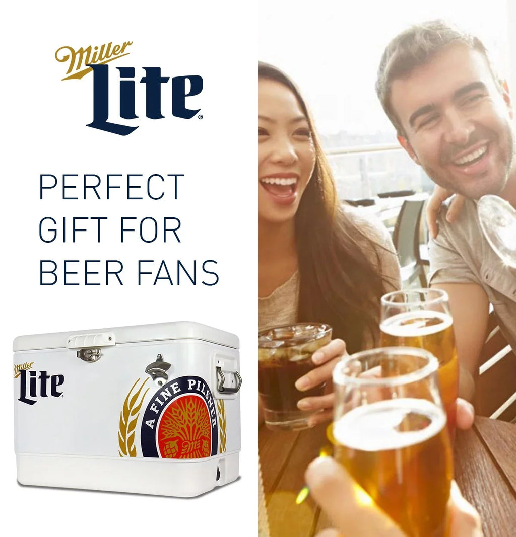 Tailgating, BBQs, RV, and steel-belted Lite Cooler Miller Can with Portable Camping, 51L (54 Cooler, 85 Blue, Beach, White Bottle Chest Opener, Fishing Beverage QT), Ice for