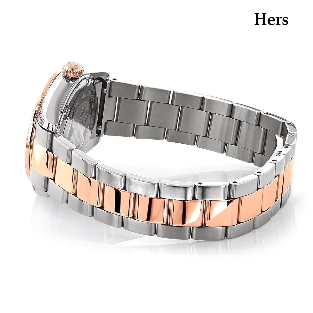 Watches: 18k Plated and & Mvt Swiss Diamond 1.7ct Set Hers Gold Rose Watch His Matching White
