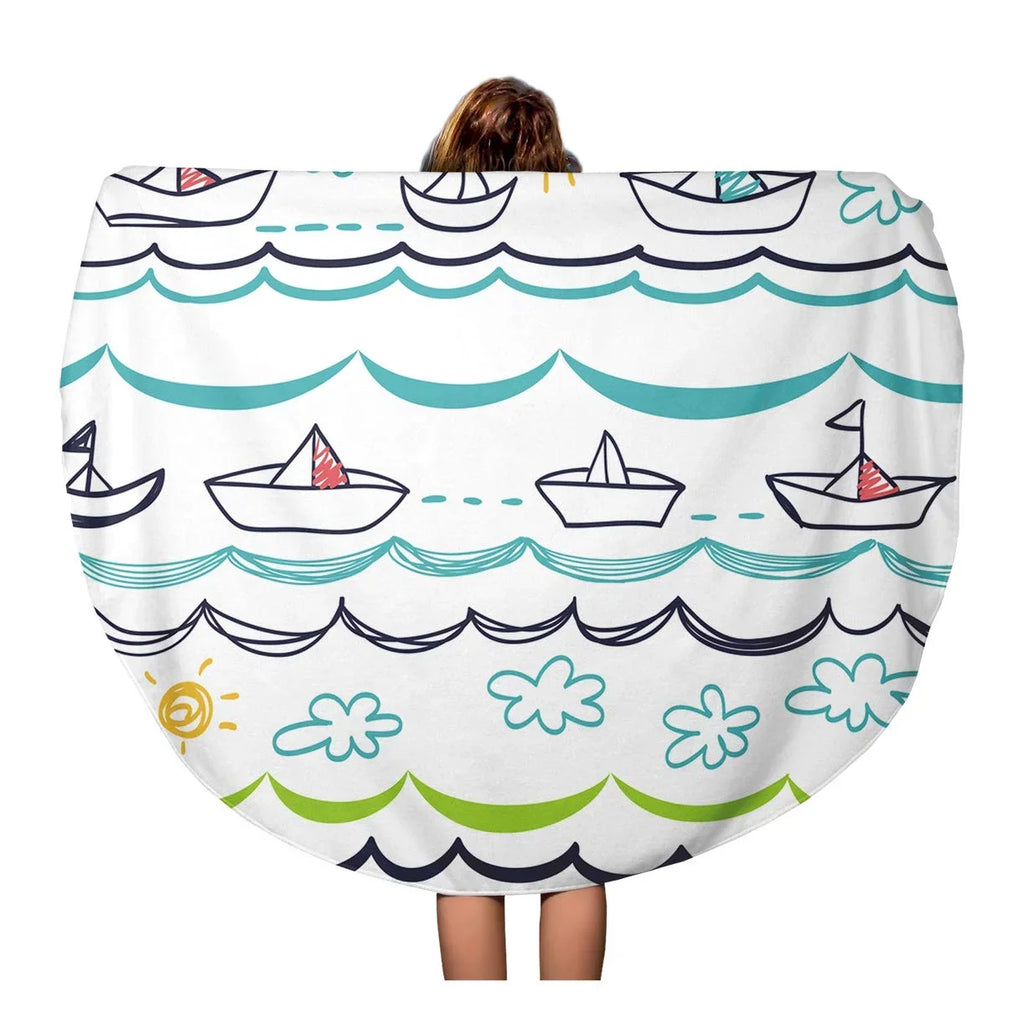 Mat Abstract Pattern Towel Circle inch Cartoon Children Tapestry Beach Circular Round Blanket Baby Beach White Vessels 60 Throw Child Blue Towels Travel