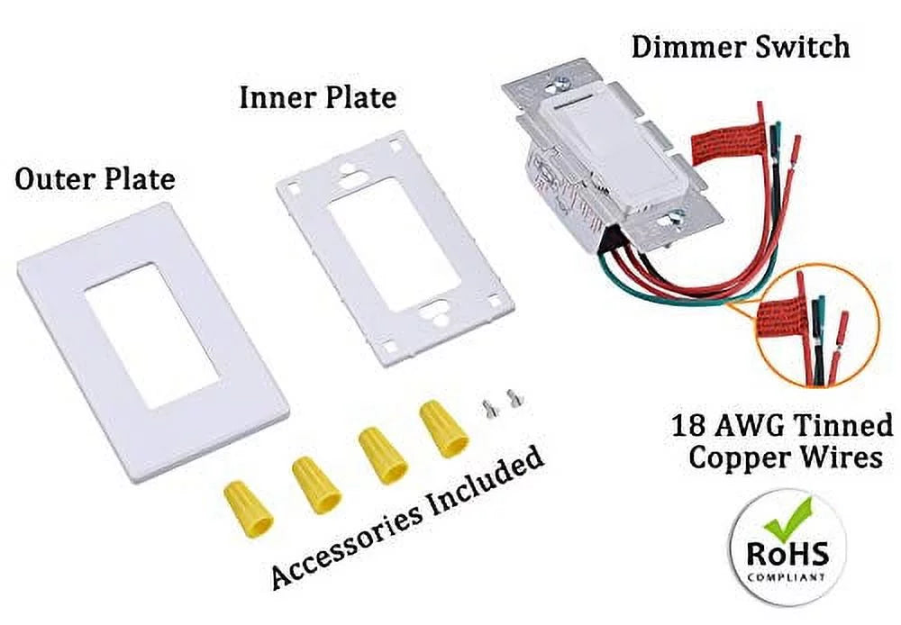 Included in LED Dimmable Plate Light/CFL/Incandescent,3-Way max,Cover Switch Watt Wall Bay Dimmer Single Pole Slide,600 for Cloudy