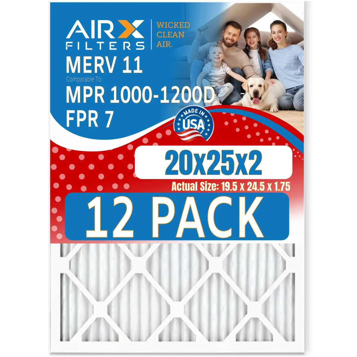 Filters Pack Made - Filter FPR AIRX 12 1200 of Furnace 20x25x2 in Air & CLEAN AIR. 1000, 7 to USA MPR FILTERS by MERV 11 MPR Rating, WICKED Comparable