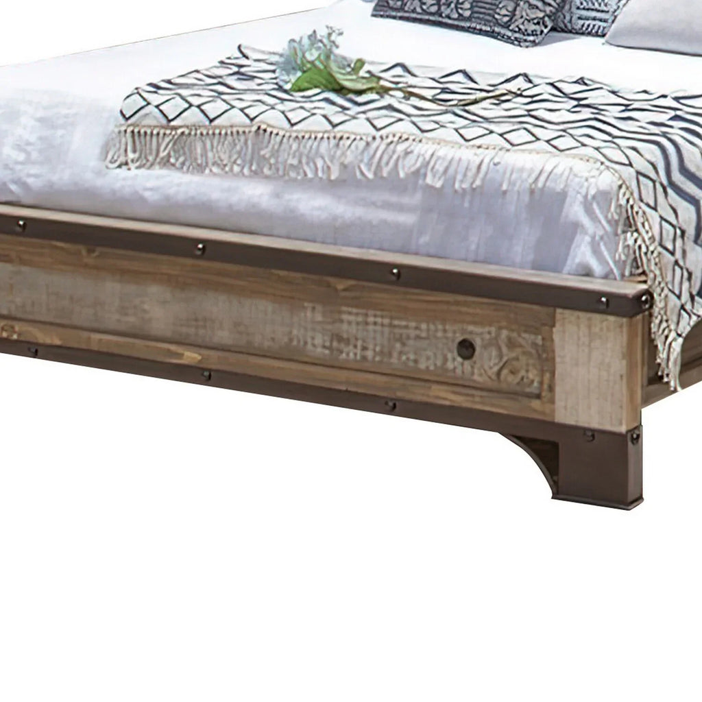 Round Fena Size Wood Black King Distressed Brown Bed, Multicolor Nailheads, Benjara