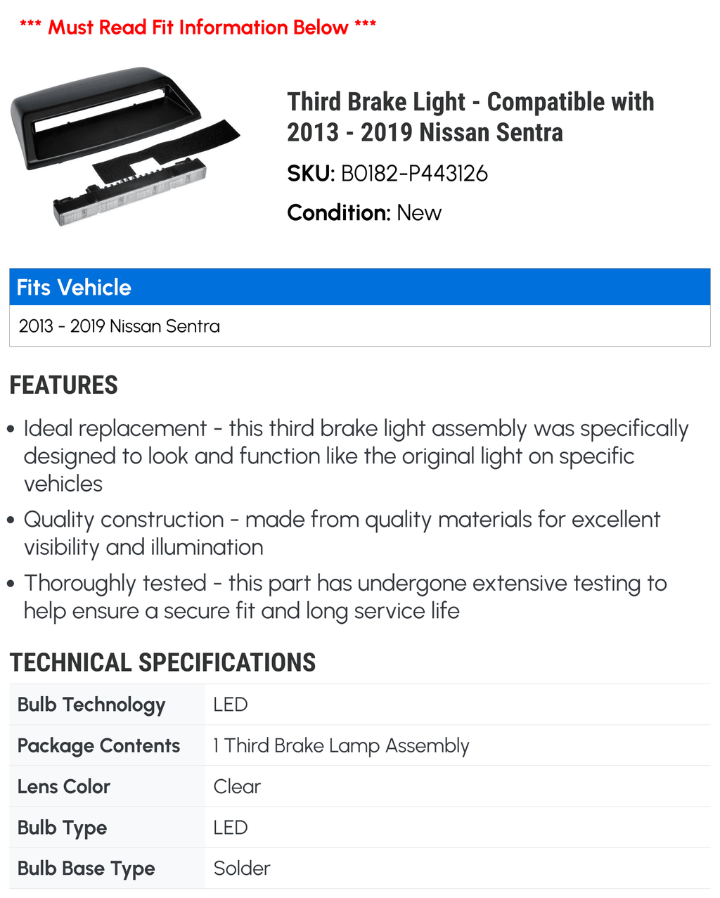 '- Compatible 2016 Brake 2014 2017 with 2019 Light 2015 Third Nissan 2018 - 2013 Sentra