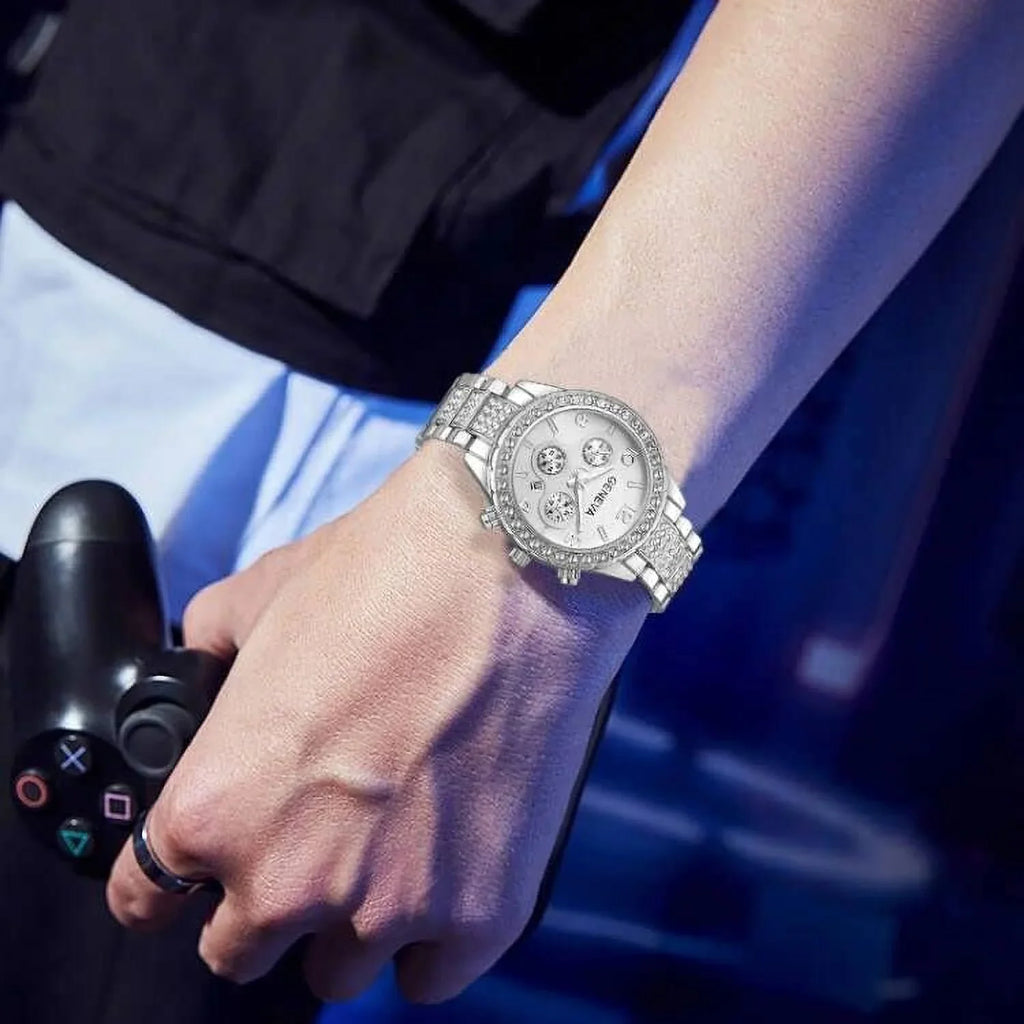 Link Luminous FANMIS Bracelet Analog Watch Calendar with Diamonds Stainless Crystal Quartz Unisex Steel Pointer Pave Luxury Floating