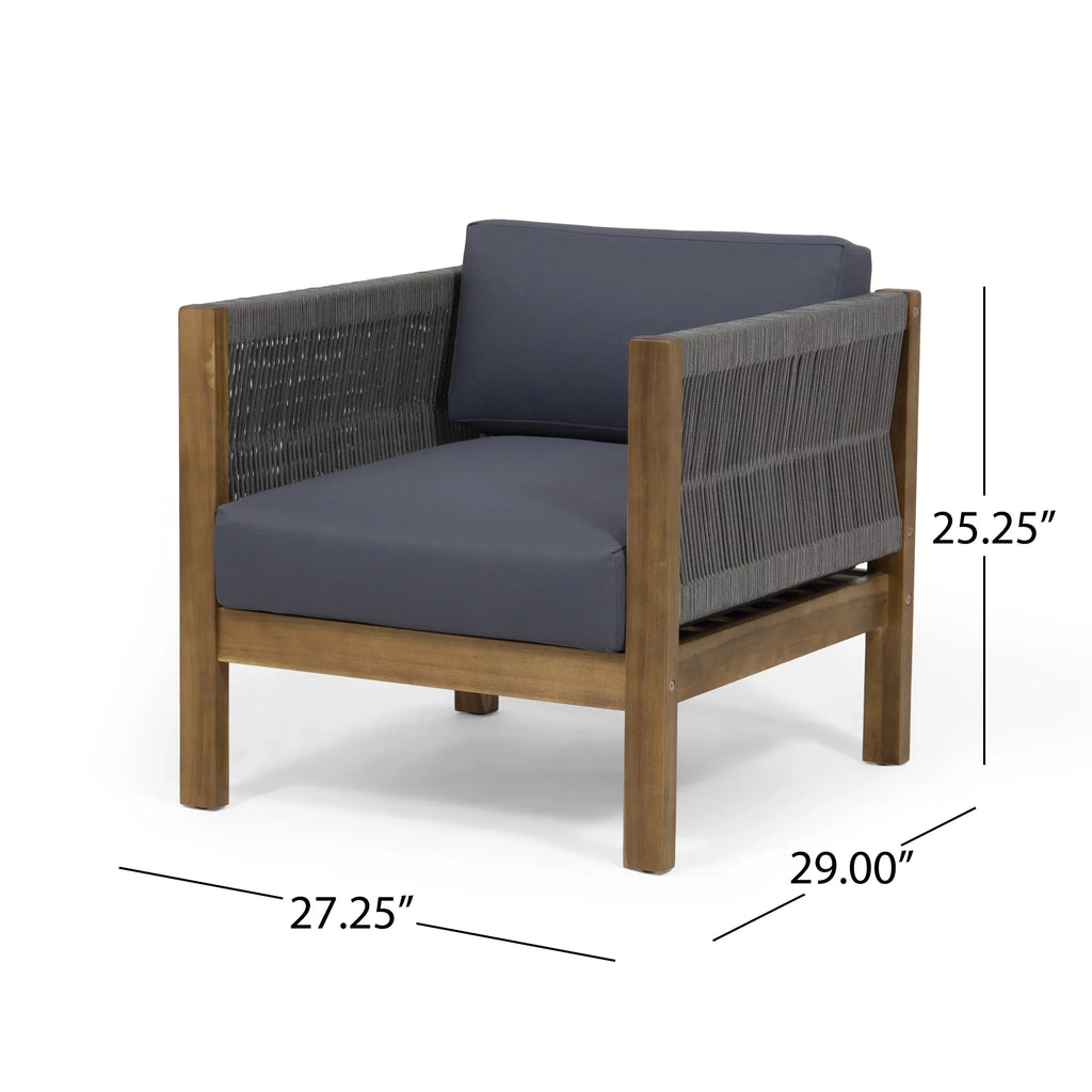 Outdoor Wood Acacia Rope Charlotte with Studio and 4 and Chat Seater Cushions, Set Teak Gray