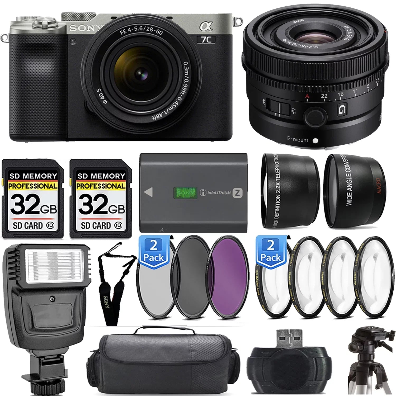 a7C Sony Camera Lens+24mm Mirrorless f/2.8 28-60mm G (Silver) +Flash- with Kit Lens