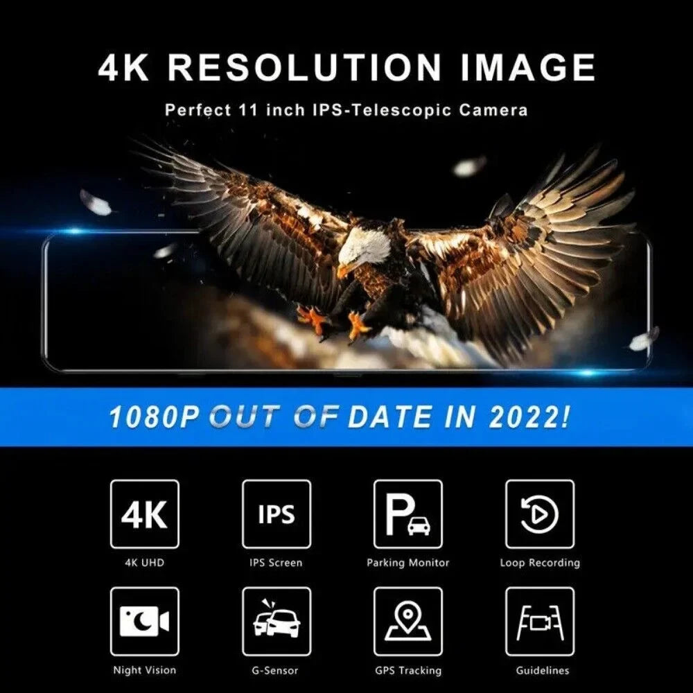 VVCAR Car DVR Rear Video 11" Cam IPS UHD Recorder Camera Dash Front Dual Rearview Mirror 4K