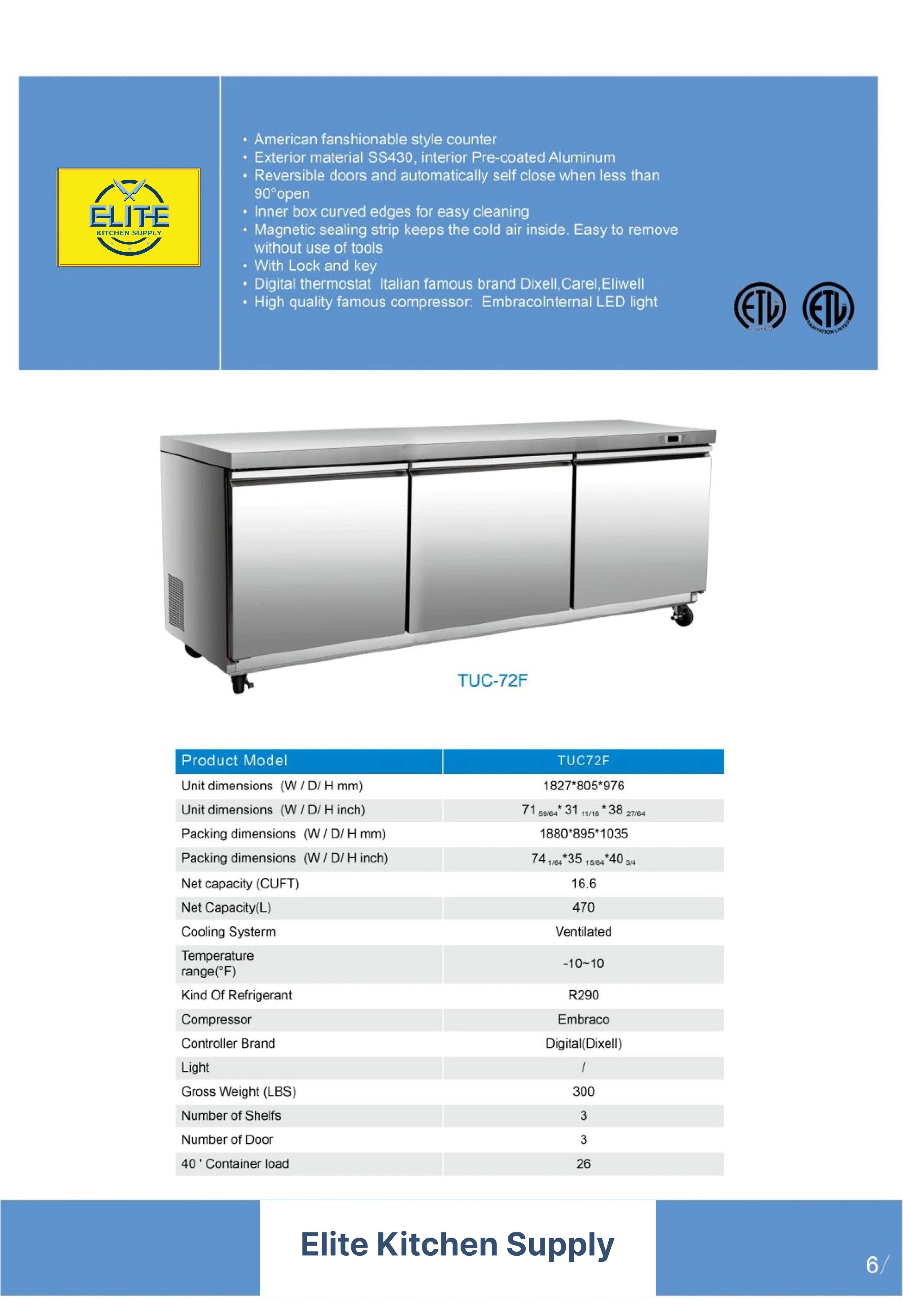 ft. 16.6 Undercounter Door 72 Freezer Commercial Three in. cu.
