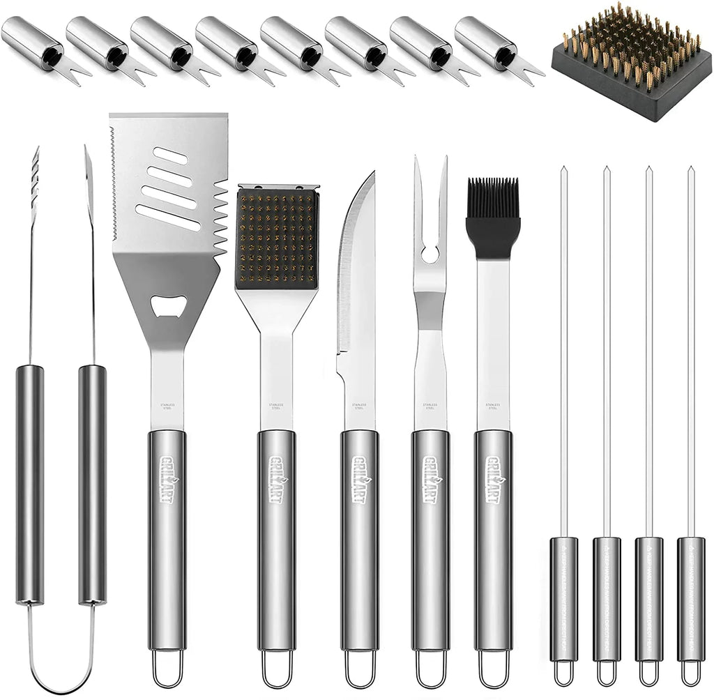 Tongs with Storage Tools Accessories Dad, Gift Reinforced for Aluminum Man Grill Outdoor Case Grilling for Birthday Utensil Kit 19-Piece Set Stainless-Steel -Complete Grill Barbecue