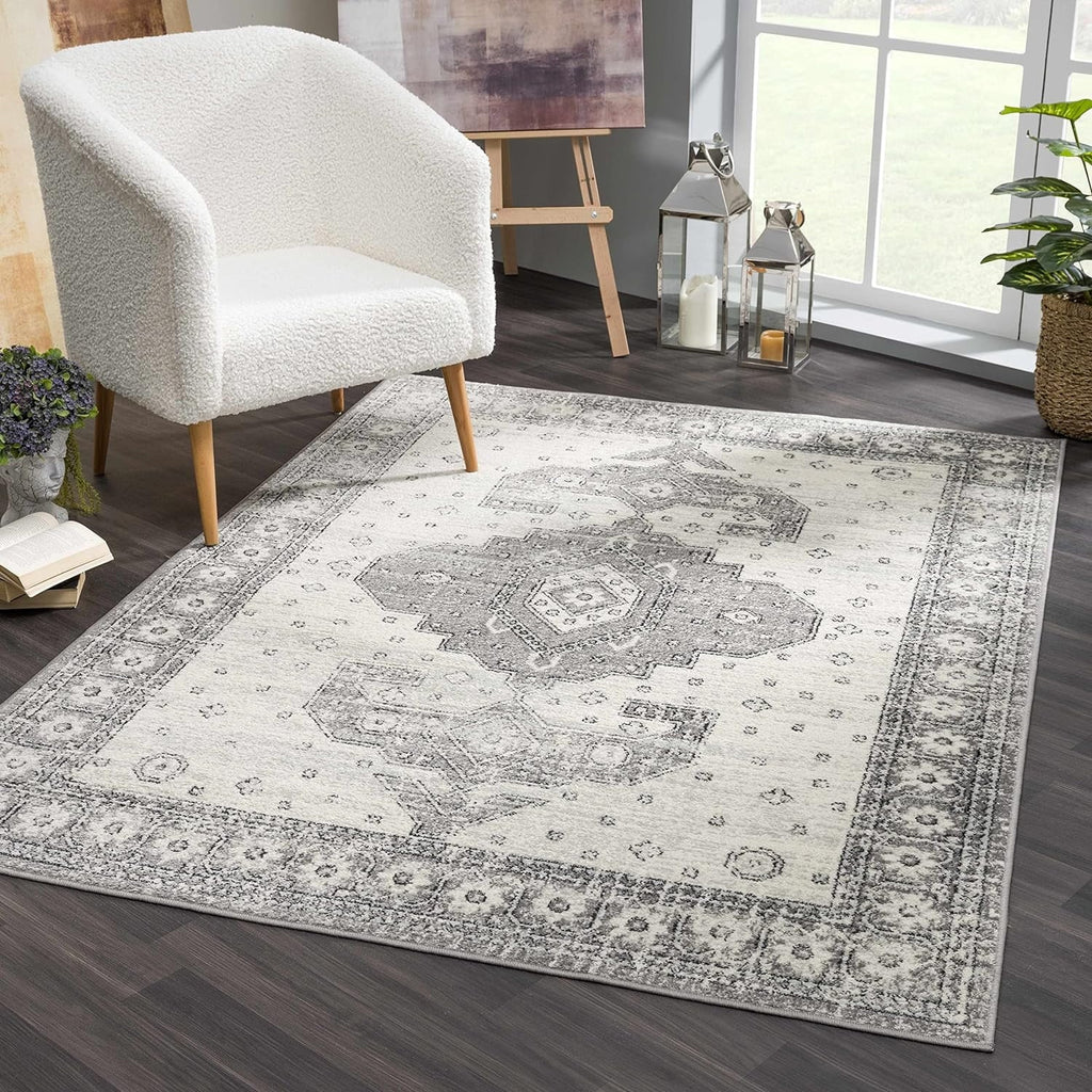 7'10" Vintage Bedroom, Indoor 10' X Area Grey, - Room, Traditional Collection Living - Marash Rug - Oriental Boho - Medallion Persian Distressed Goksun Beige Pattern