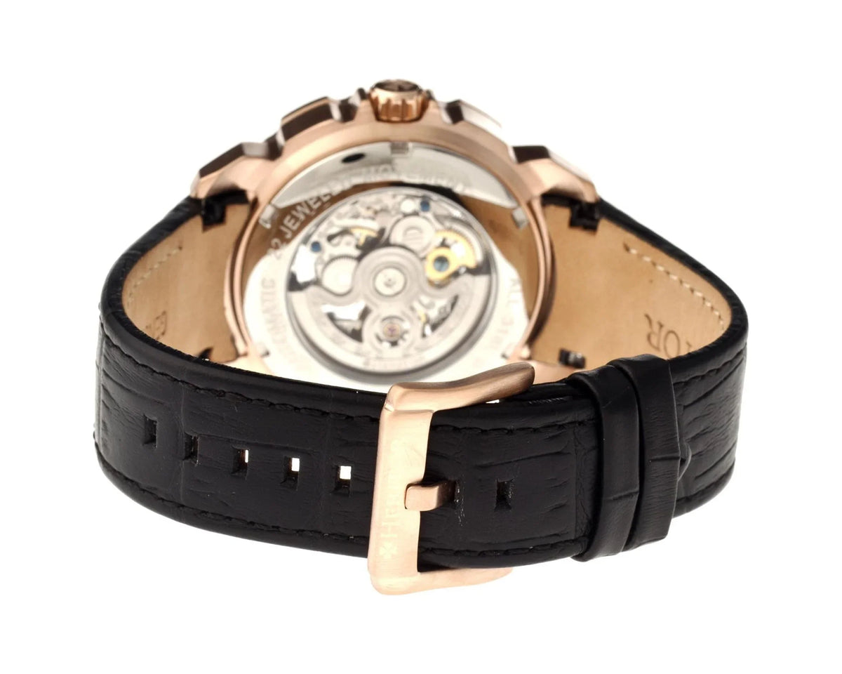 Gold-tone Carter Watch Men's Black HR2506 Leather Case Black Heritor Stainless Rose Dial Steel Skeleton