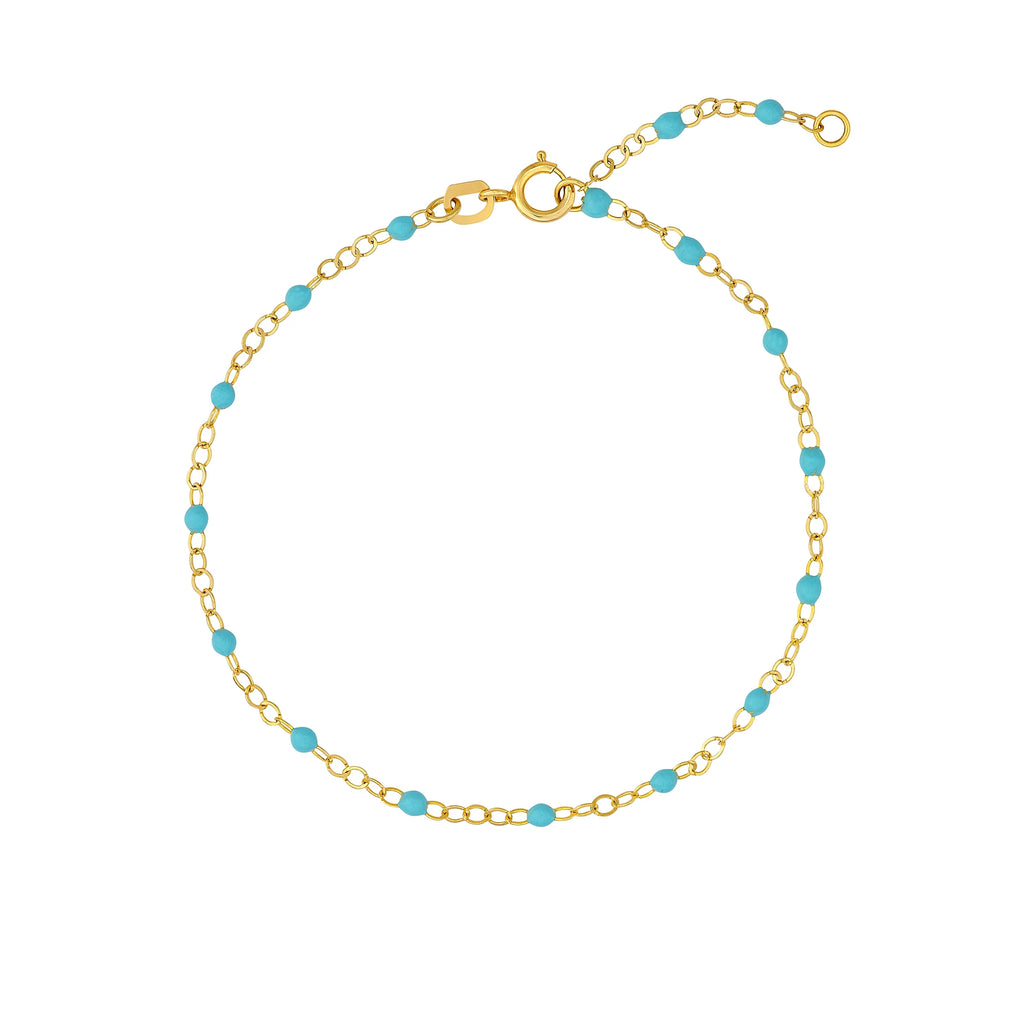 Turquoise Bead 14K Women's Gold Piatto Light Enamel Bracelet Adjustable Yellow 5.50"-7.50"
