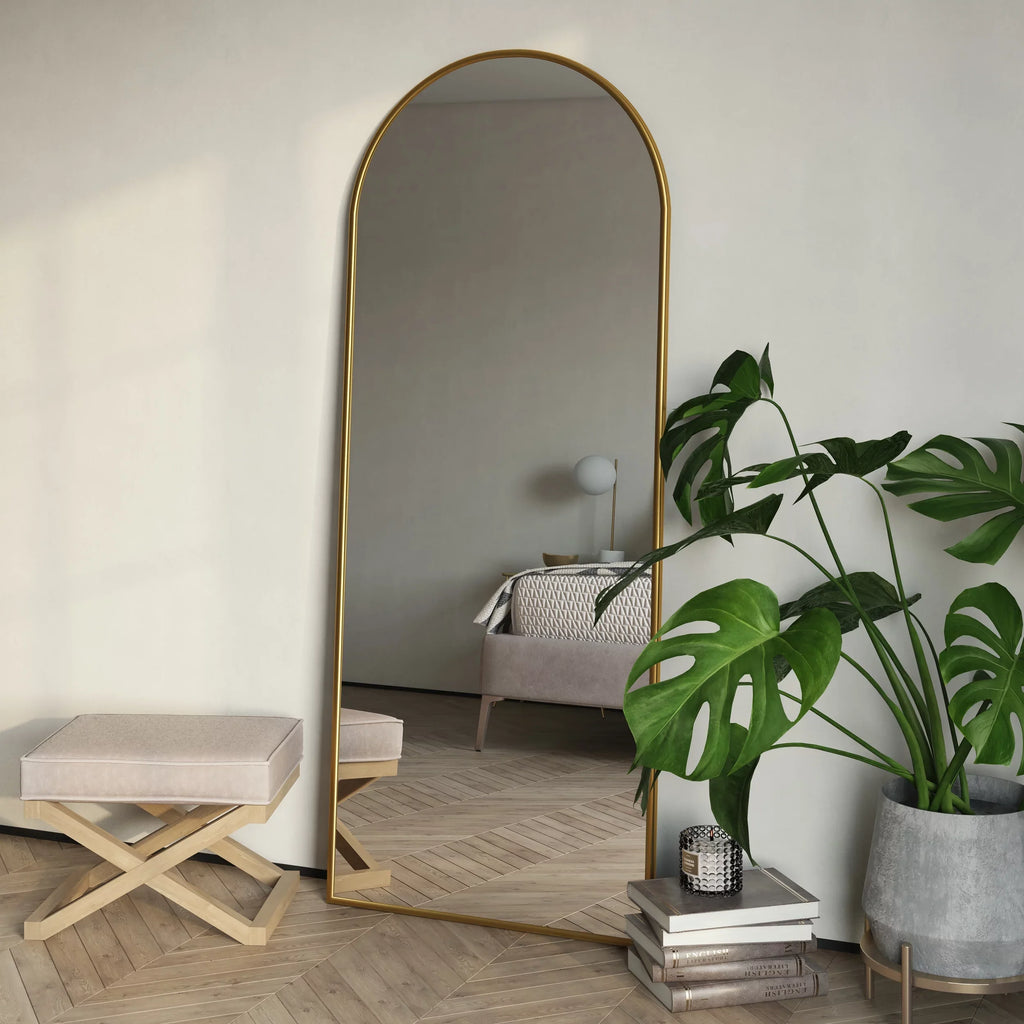 Nadia Mirror Floor Modern Arch Gold Metal 70"x28" Glam
