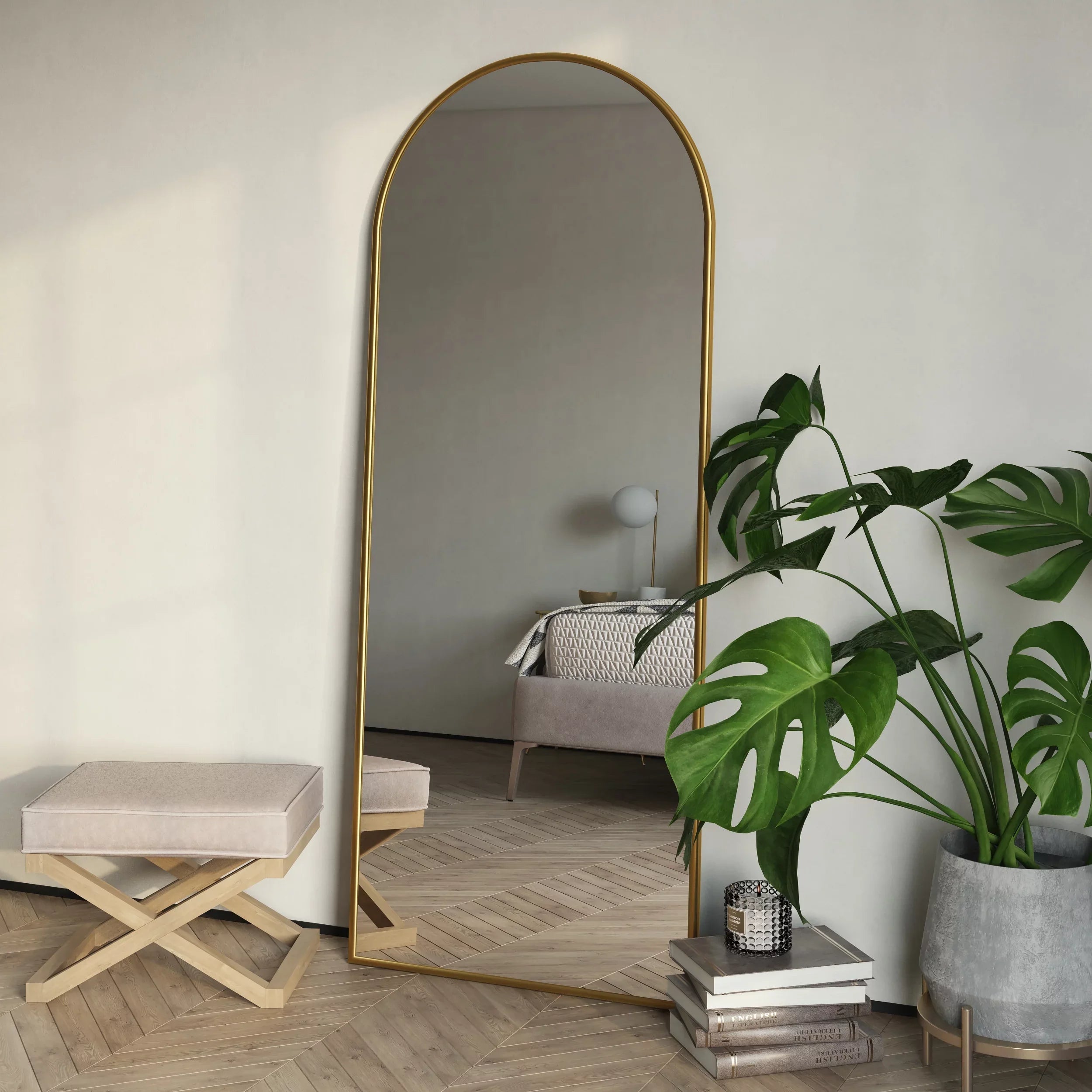 Nadia Mirror Floor Modern Arch Gold Metal 70"x28" Glam