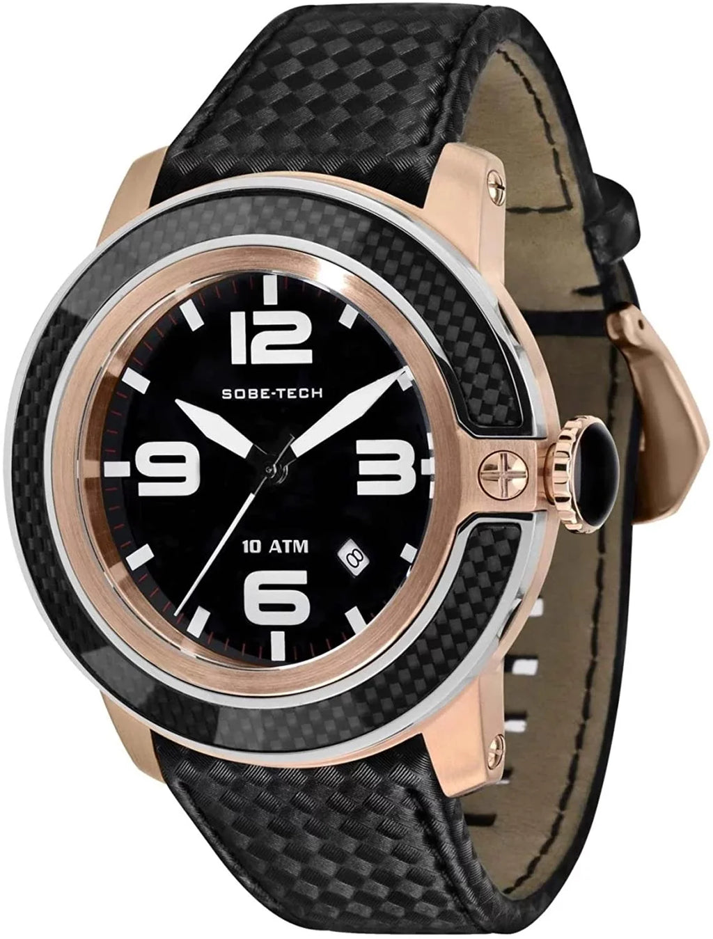 50mm Quartz Tech Gold Swiss GR33010 Plated Rose Band Sobe Watch Satin Case Black Men's Analog