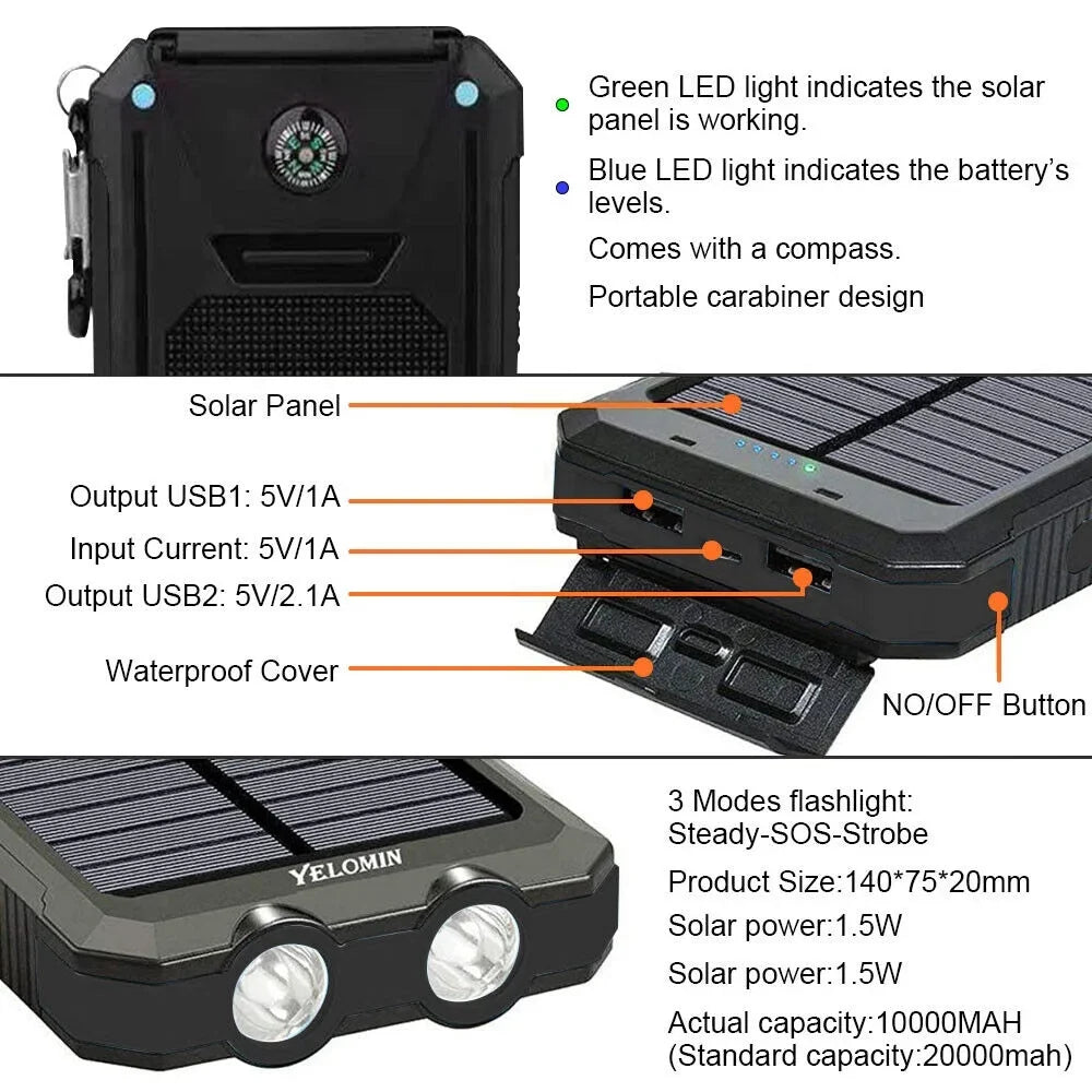 Cell Bank Charger Solar For Black Portable Phone Power 90000000mAh Super