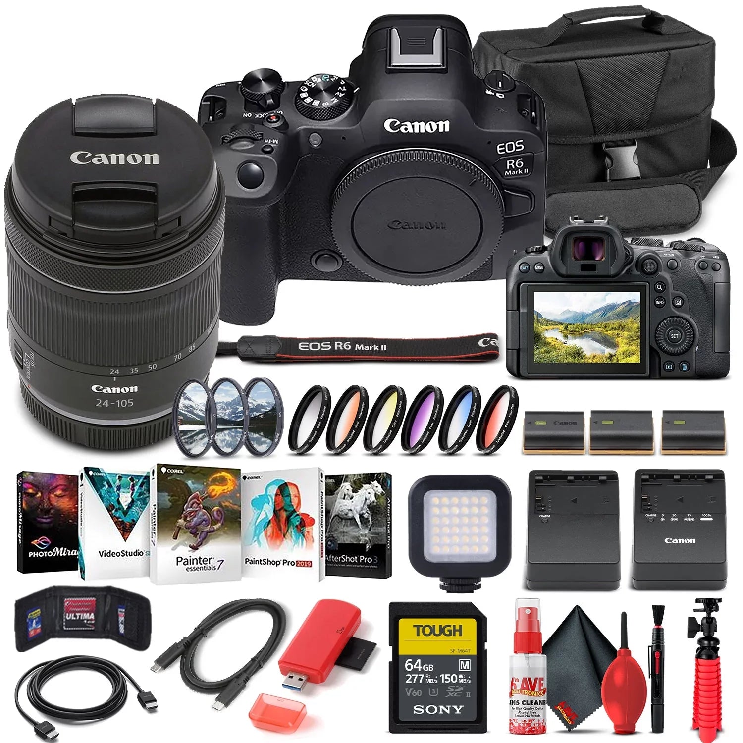 Charger + 24-105mm Card 64GB R6 + + Battery f/4-7.1 + Memory Photo Camera More Reader + External LPE6 Card Lens Light Mark Software x + 2 Case Corel + (5666C018) + Canon Mirrorless with